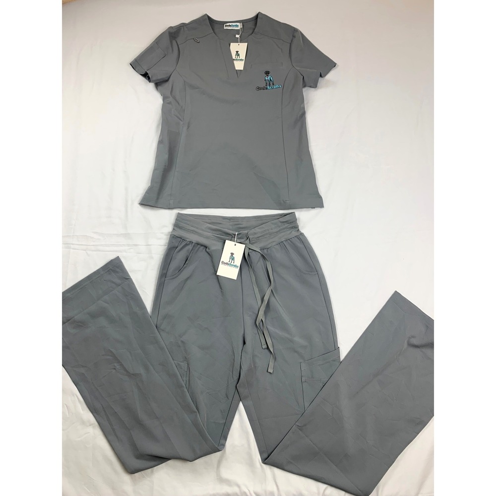 Code Scrubs Medical Uniform‎ Set Womens M Tall Gray V-Neck Top Cargo Pants NWT